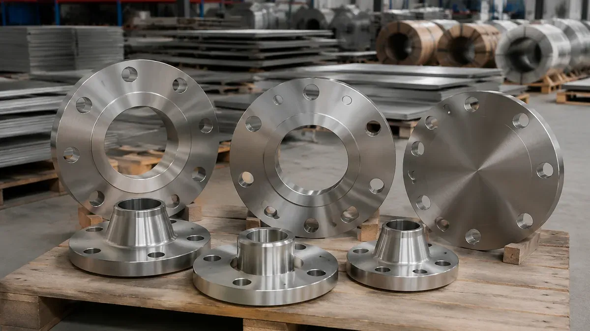 Illustrative forged stainless steel weld-neck, slip-on and blind flanges
