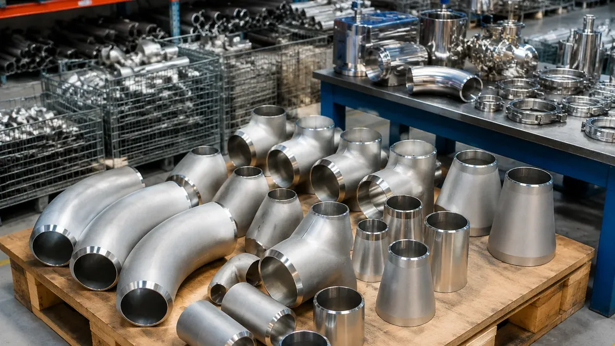 Illustrative stainless steel elbows, tees, reducers and sanitary fittings