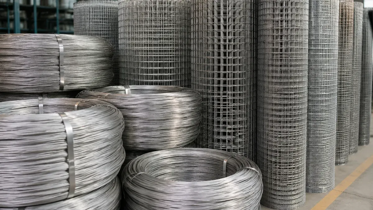 Illustrative stainless steel wire coils and woven wire mesh rolls